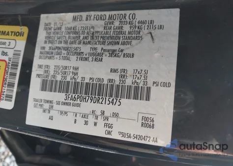 2013 Ford Fusion Se из США, поврежденный, VIN 3FA6P0H79DR215475
